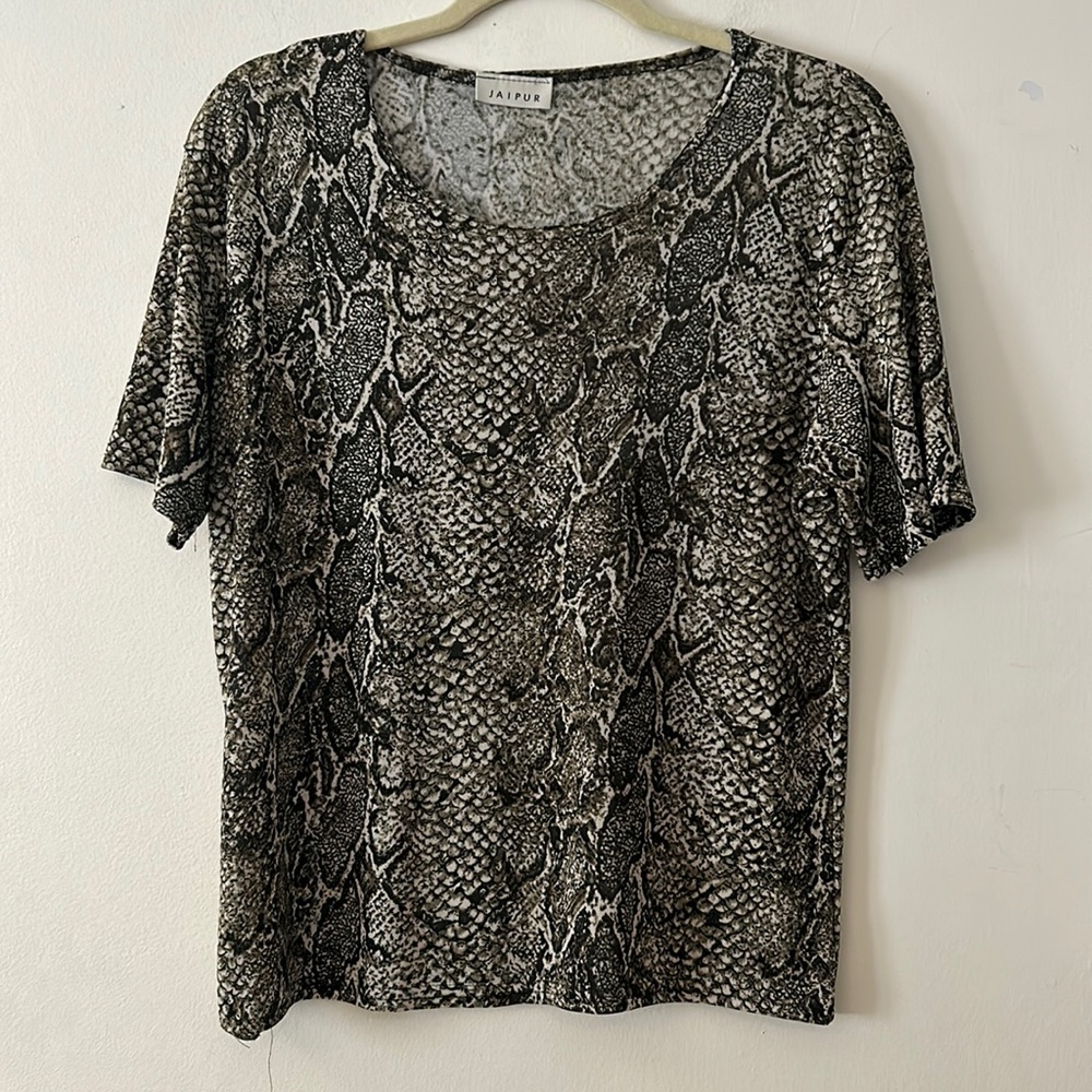 Slinky Green Animal Snake Cheetah Print Oversized off Shoulder Top Short Sleeve